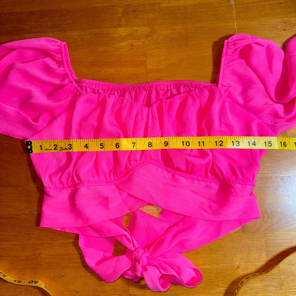 Lyaner Hot Pink Barbie Core Tie Back Crop Top Long Lantern Sleeve Size Medium - Picture 4 of 6
